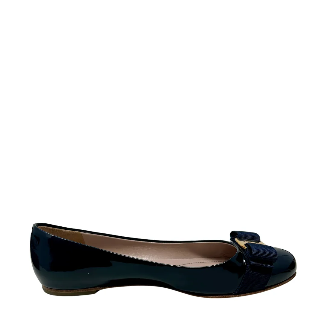 Salvatore Ferragamo Navy Patent Leather Bow Flats - Size 7.5