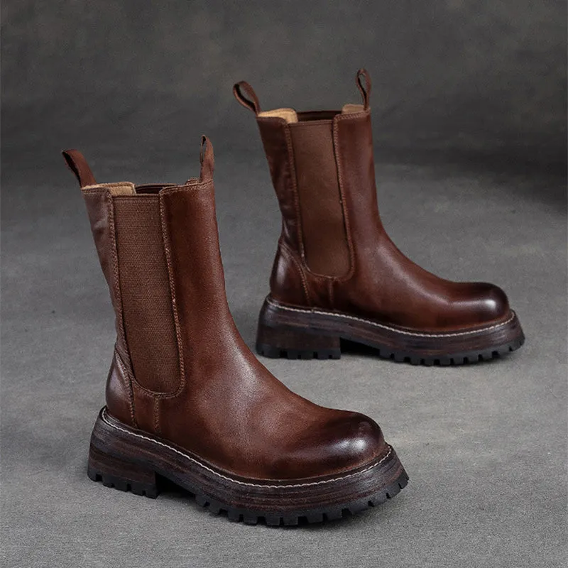 Women Retro Minimalist Leather Mid-Calf Boots